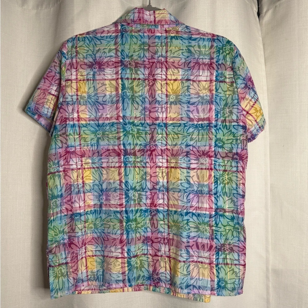 Vintage Alfred Dunner Colorful Plaid Floral Semi Sheer Button Up Oversize Small - Picture 2 of 9